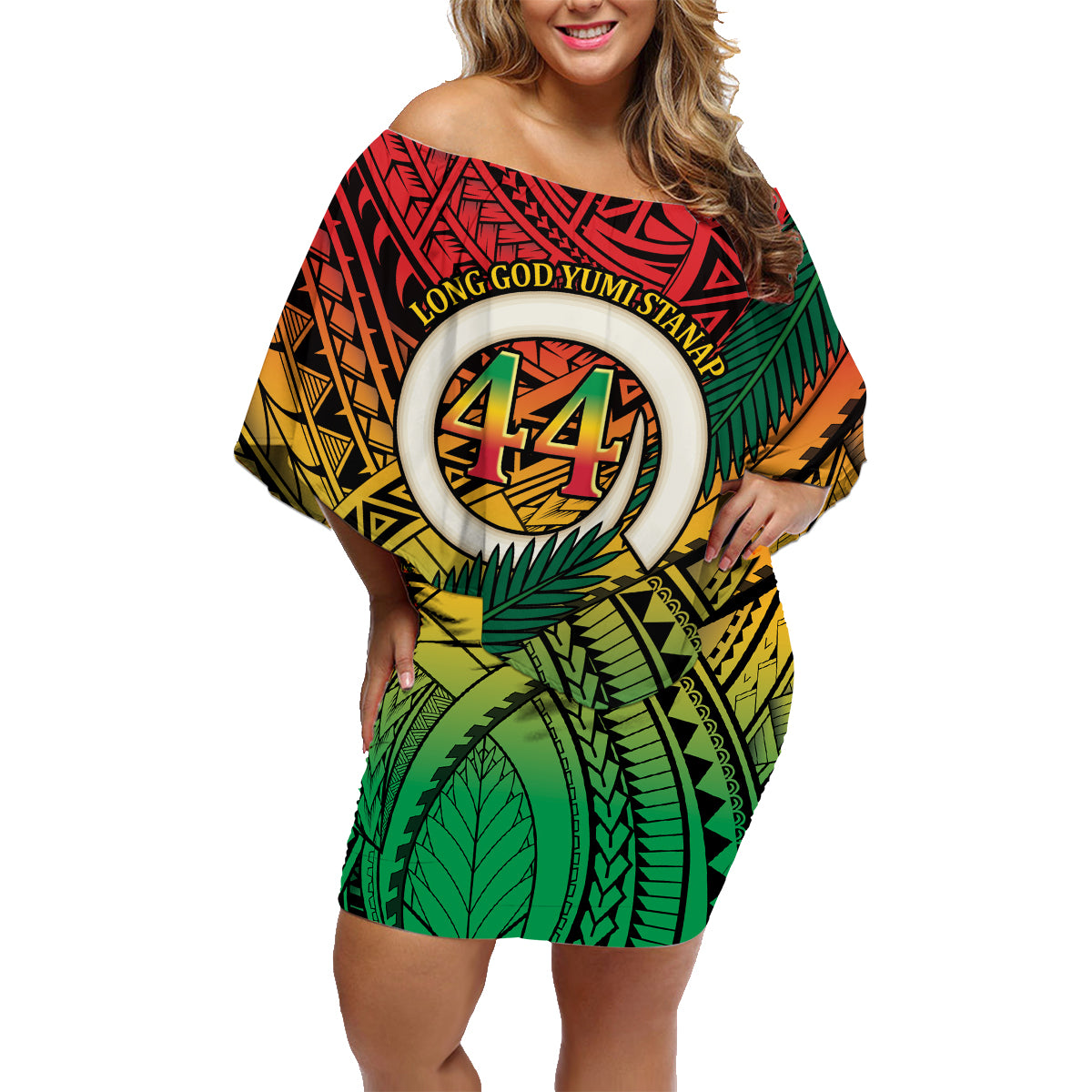 Personalised Vanuatu Yumi 44th Indipendens Dei Family Matching Off Shoulder Short Dress and Hawaiian Shirt Vanuatuan Broad Tusk with Polynesian Tribal LT9 Mom's Dress Reggae - Polynesian Pride