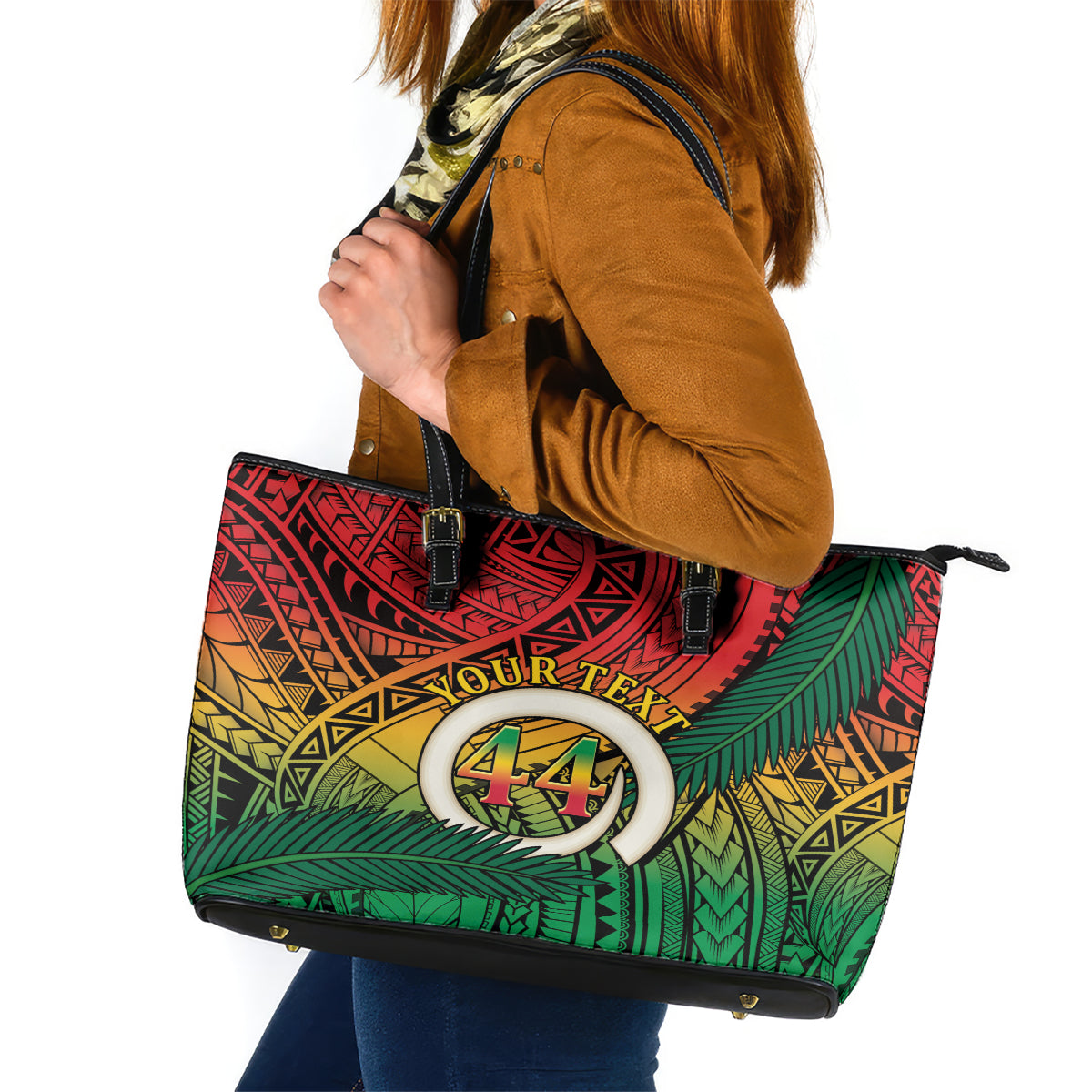 Personalised Vanuatu Yumi 44th Indipendens Dei Leather Tote Bag Vanuatuan Broad Tusk with Polynesian Tribal LT9 Reggae - Polynesian Pride