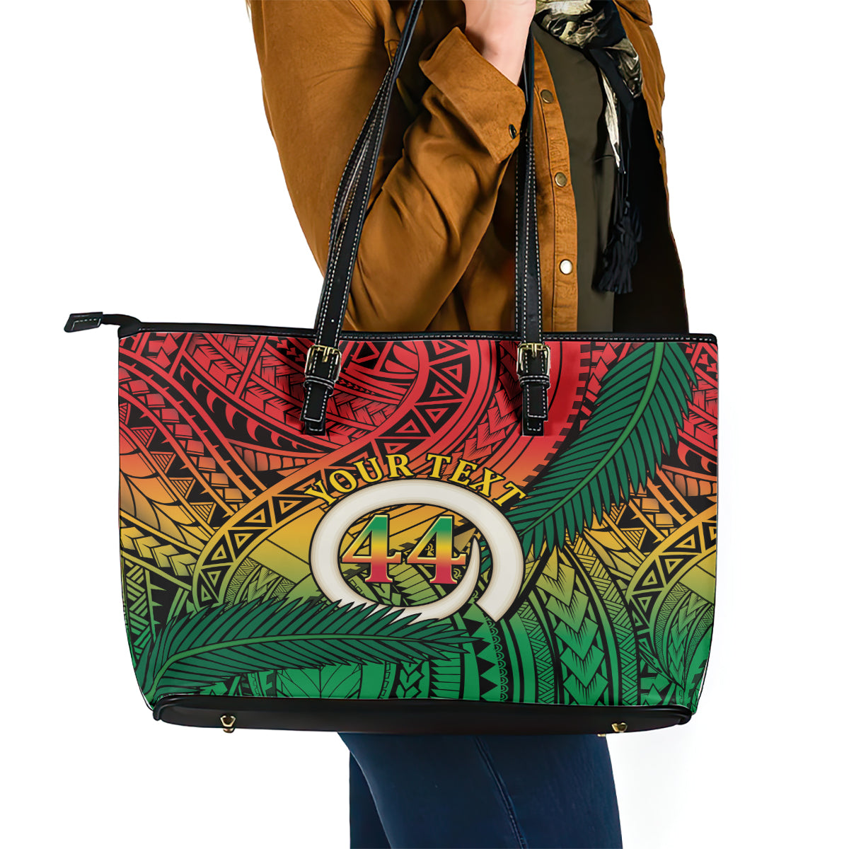 Personalised Vanuatu Yumi 44th Indipendens Dei Leather Tote Bag Vanuatuan Broad Tusk with Polynesian Tribal LT9 - Polynesian Pride