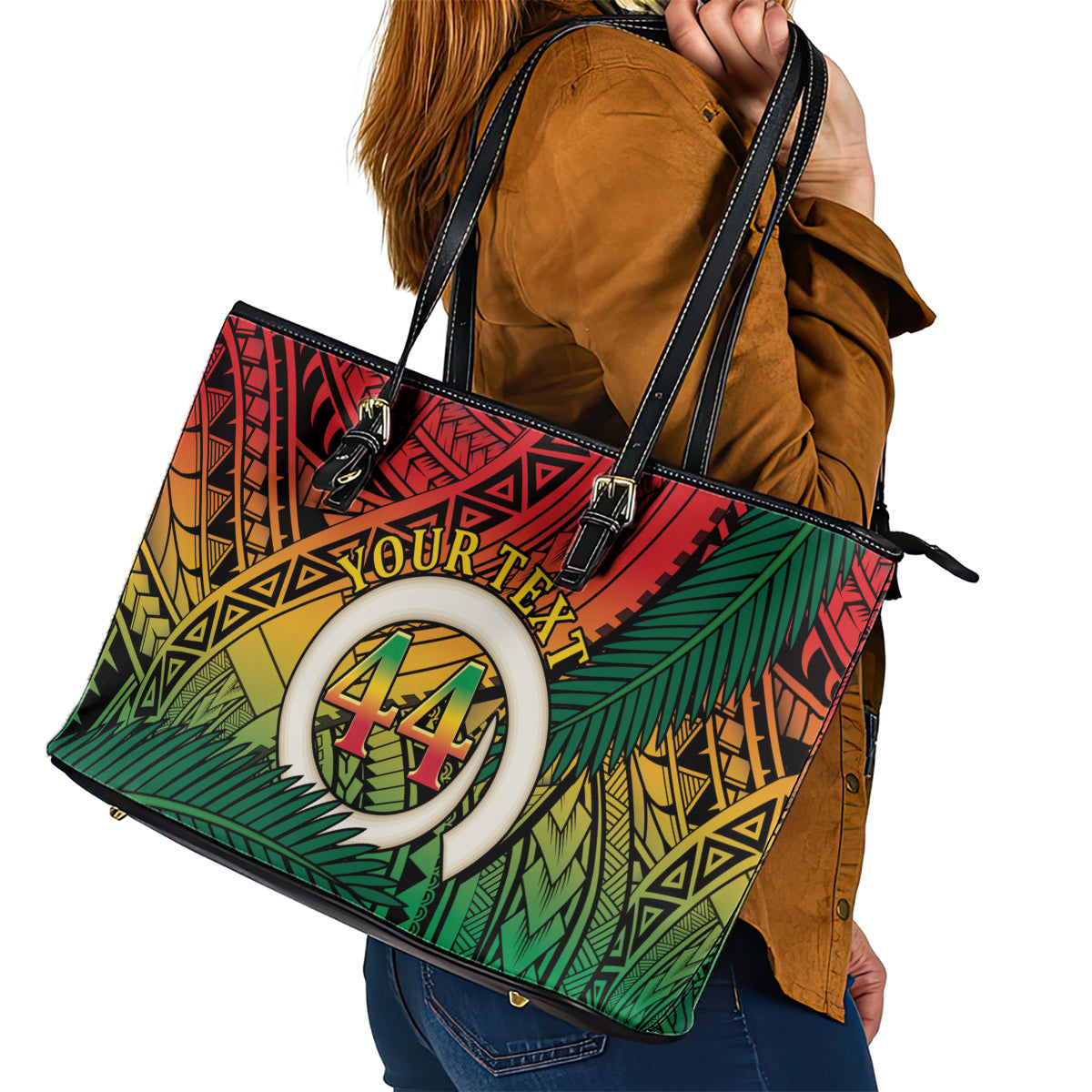 Personalised Vanuatu Yumi 44th Indipendens Dei Leather Tote Bag Vanuatuan Broad Tusk with Polynesian Tribal LT9 - Polynesian Pride