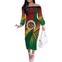 Personalised Vanuatu Yumi 44th Indipendens Dei Off The Shoulder Long Sleeve Dress Vanuatuan Broad Tusk with Polynesian Tribal LT9 Women Reggae - Polynesian Pride