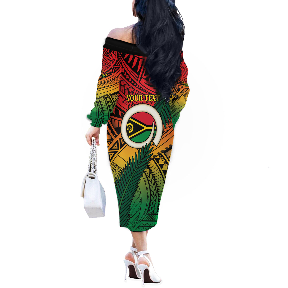 Personalised Vanuatu Yumi 44th Indipendens Dei Off The Shoulder Long Sleeve Dress Vanuatuan Broad Tusk with Polynesian Tribal LT9 - Polynesian Pride