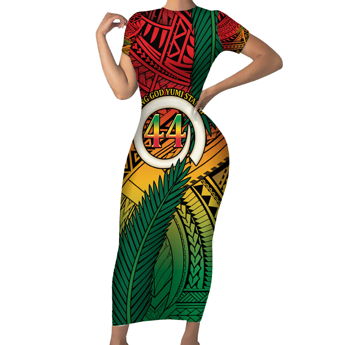 Personalised Vanuatu Yumi 44th Indipendens Dei Short Sleeve Bodycon Dress Vanuatuan Broad Tusk with Polynesian Tribal LT9 Long Dress Reggae - Polynesian Pride