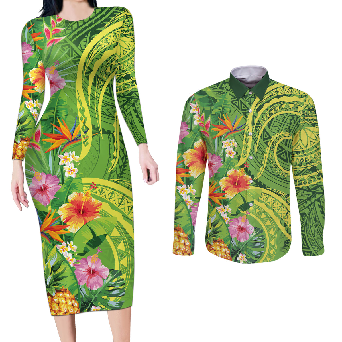 Polynesian Tribal Flower Tattoo Couples Matching Long Sleeve Bodycon Dress and Long Sleeve Button Shirt Special Lime Green Vibe LT9 Lime Green - Polynesian Pride