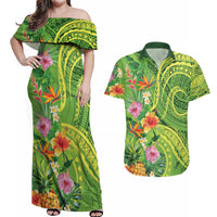 Polynesian Tribal Flower Tattoo Couples Matching Off Shoulder Maxi Dress and Hawaiian Shirt Special Lime Green Vibe LT9 Lime Green - Polynesian Pride