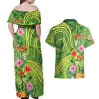 Polynesian Tribal Flower Tattoo Couples Matching Off Shoulder Maxi Dress and Hawaiian Shirt Special Lime Green Vibe LT9 - Polynesian Pride