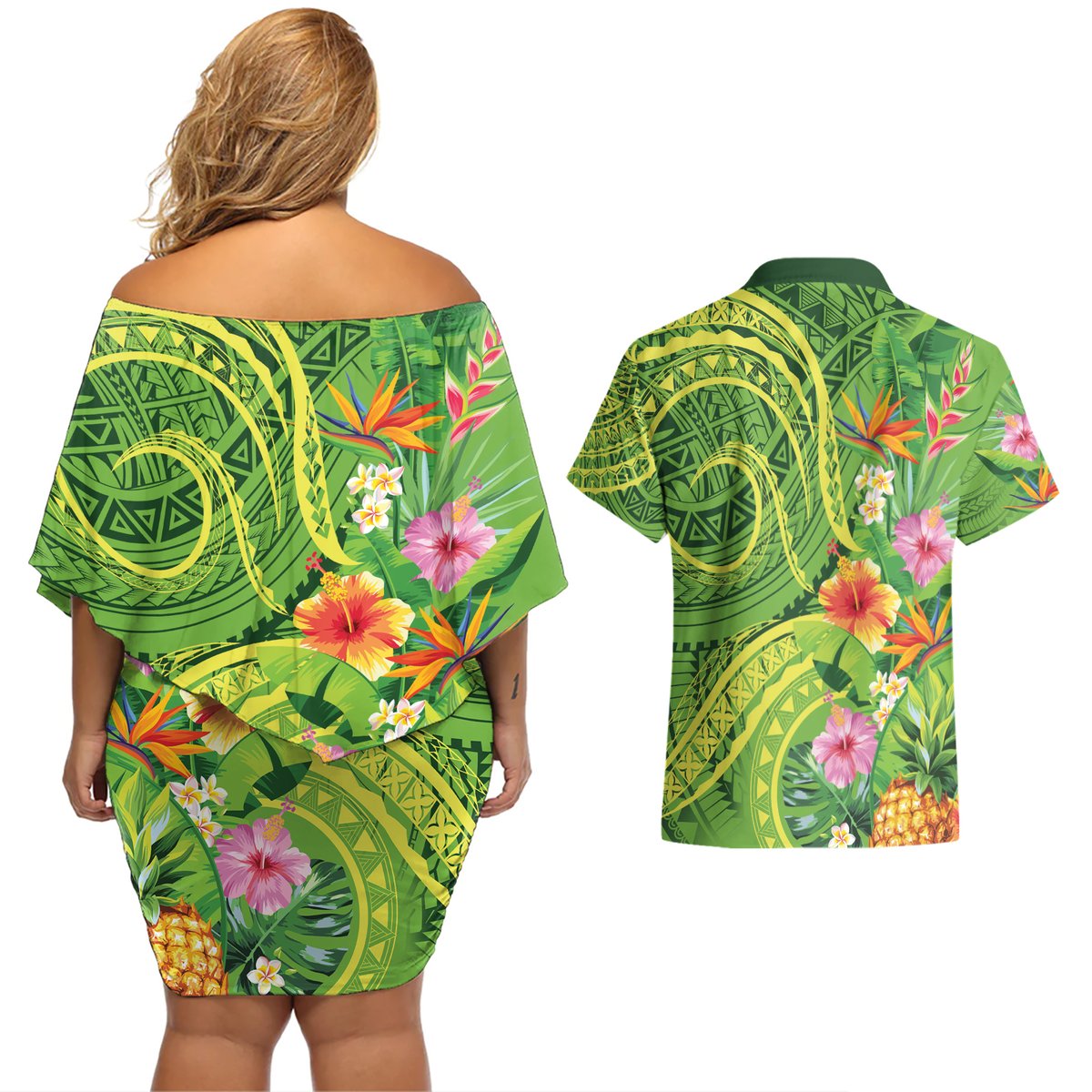 Polynesian Tribal Flower Tattoo Couples Matching Off Shoulder Short Dress and Hawaiian Shirt Special Lime Green Vibe LT9 - Polynesian Pride