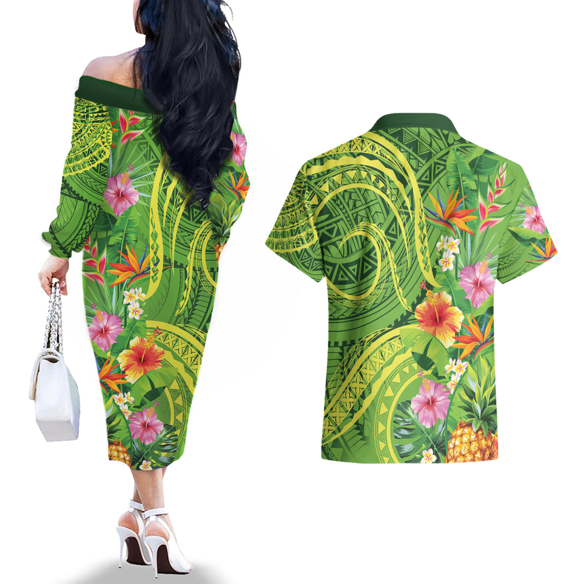 Polynesian Tribal Flower Tattoo Couples Matching Off The Shoulder Long Sleeve Dress and Hawaiian Shirt Special Lime Green Vibe LT9 - Polynesian Pride