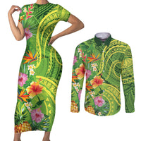 Polynesian Tribal Flower Tattoo Couples Matching Short Sleeve Bodycon Dress and Long Sleeve Button Shirt Special Lime Green Vibe LT9 Lime Green - Polynesian Pride