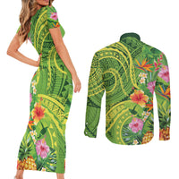 Polynesian Tribal Flower Tattoo Couples Matching Short Sleeve Bodycon Dress and Long Sleeve Button Shirt Special Lime Green Vibe LT9 - Polynesian Pride