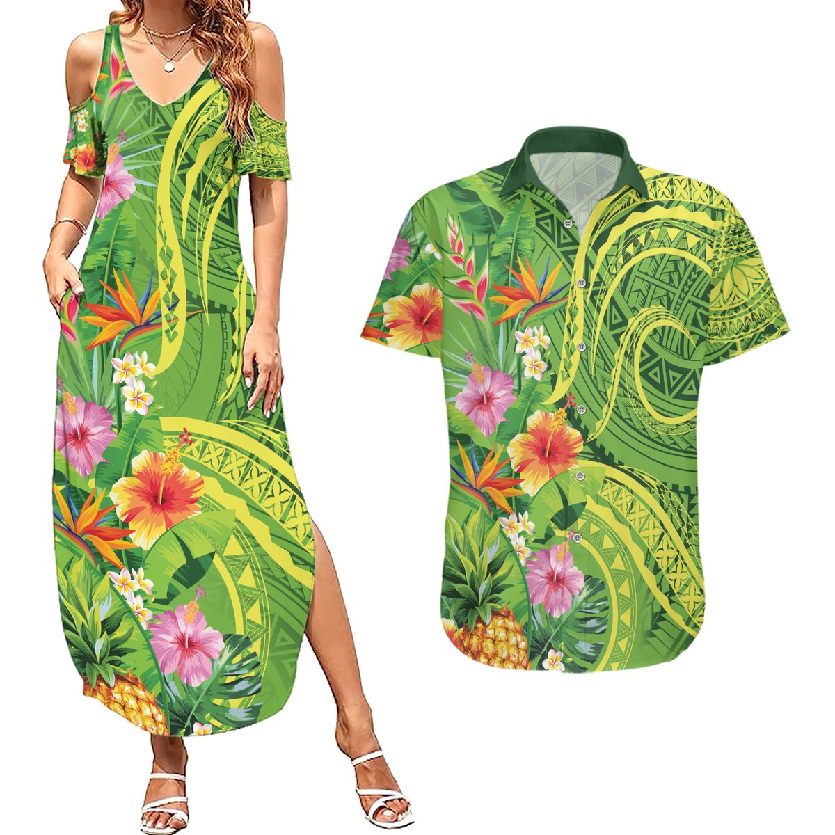 Polynesian Tribal Flower Tattoo Couples Matching Summer Maxi Dress and Hawaiian Shirt Special Lime Green Vibe LT9 Lime Green - Polynesian Pride