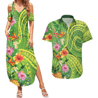 Polynesian Tribal Flower Tattoo Couples Matching Summer Maxi Dress and Hawaiian Shirt Special Lime Green Vibe LT9 Lime Green - Polynesian Pride