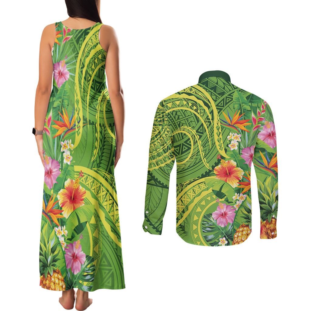 Polynesian Tribal Flower Tattoo Couples Matching Tank Maxi Dress and Long Sleeve Button Shirt Special Lime Green Vibe LT9 - Polynesian Pride