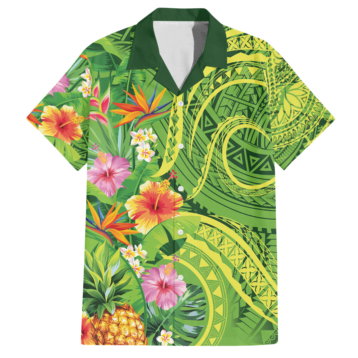 Polynesian Tribal Flower Tattoo Family Matching Long Sleeve Bodycon Dress and Hawaiian Shirt Special Lime Green Vibe LT9 Dad's Shirt - Short Sleeve Lime Green - Polynesian Pride