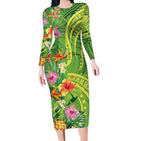 Polynesian Tribal Flower Tattoo Family Matching Long Sleeve Bodycon Dress and Hawaiian Shirt Special Lime Green Vibe LT9 Mom's Dress Lime Green - Polynesian Pride