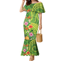 Polynesian Tribal Flower Tattoo Family Matching Mermaid Dress and Hawaiian Shirt Special Lime Green Vibe LT9 Mom's Dress Lime Green - Polynesian Pride