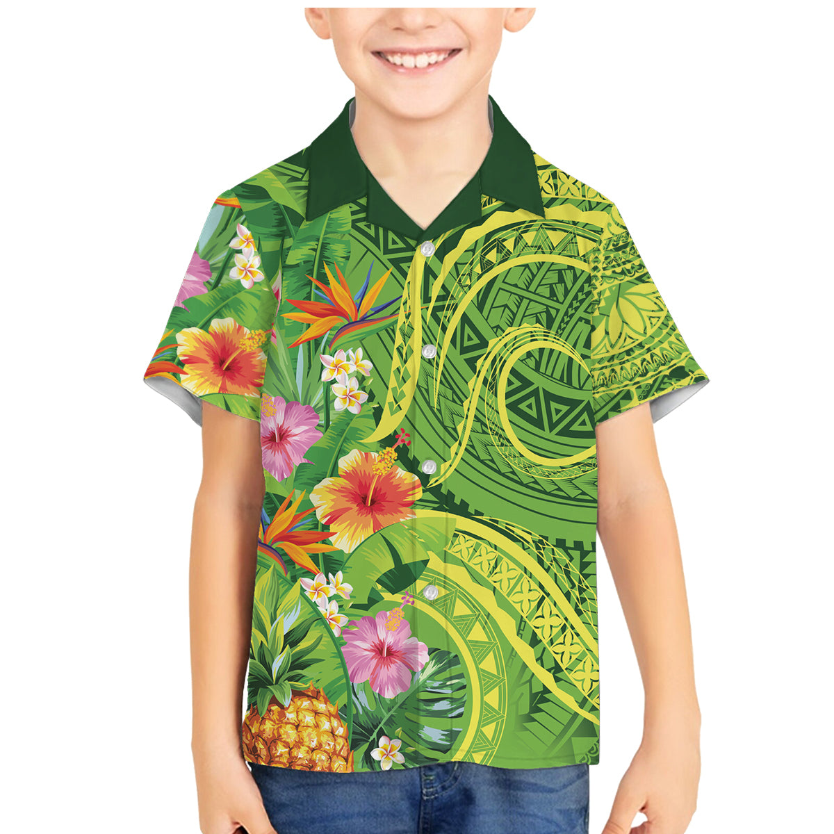 Polynesian Tribal Flower Tattoo Family Matching Mermaid Dress and Hawaiian Shirt Special Lime Green Vibe LT9 Son's Shirt Lime Green - Polynesian Pride