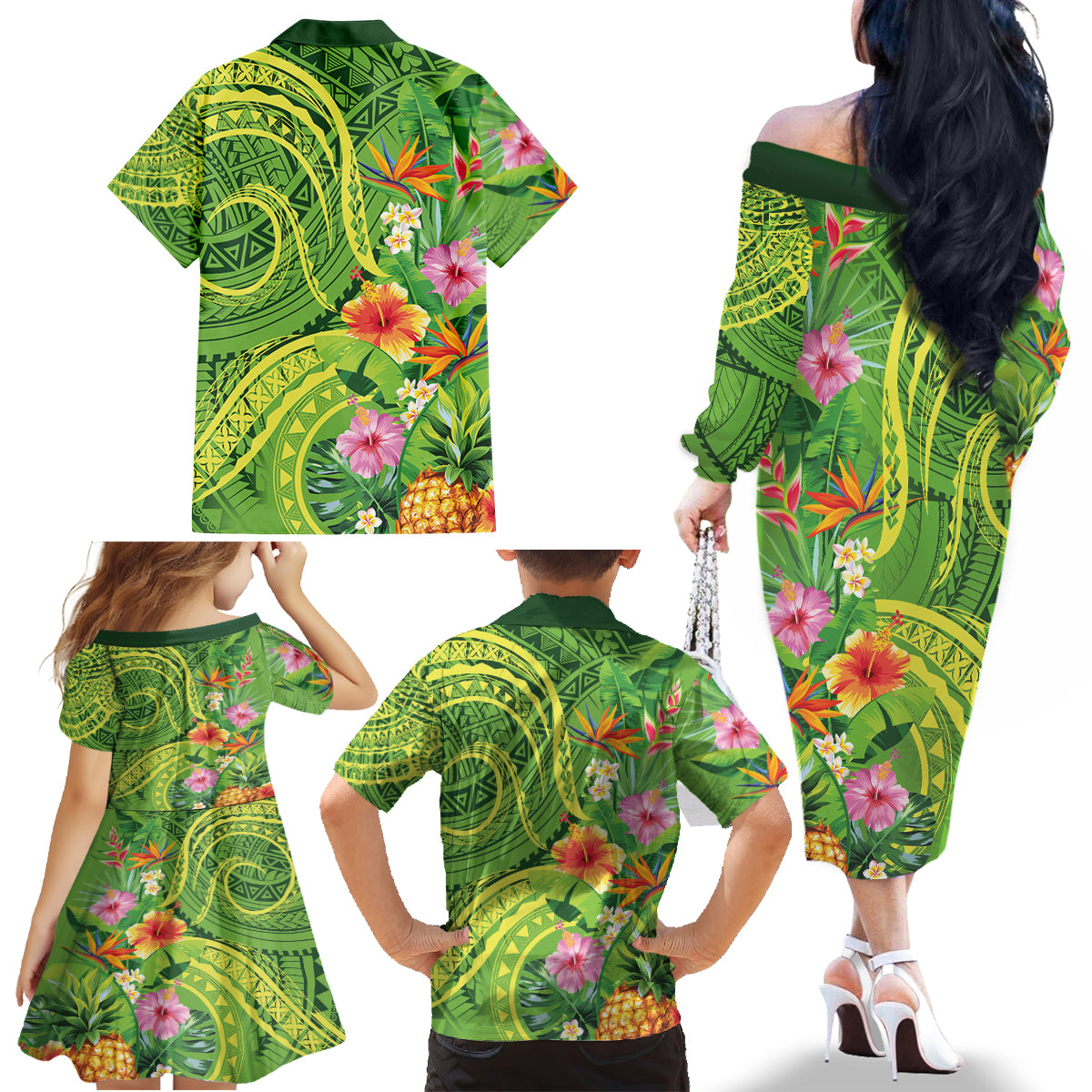 Polynesian Tribal Flower Tattoo Family Matching Off The Shoulder Long Sleeve Dress and Hawaiian Shirt Special Lime Green Vibe LT9 - Polynesian Pride