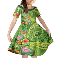 Polynesian Tribal Flower Tattoo Family Matching Off Shoulder Maxi Dress and Hawaiian Shirt Special Lime Green Vibe LT9 Daughter's Dress Lime Green - Polynesian Pride