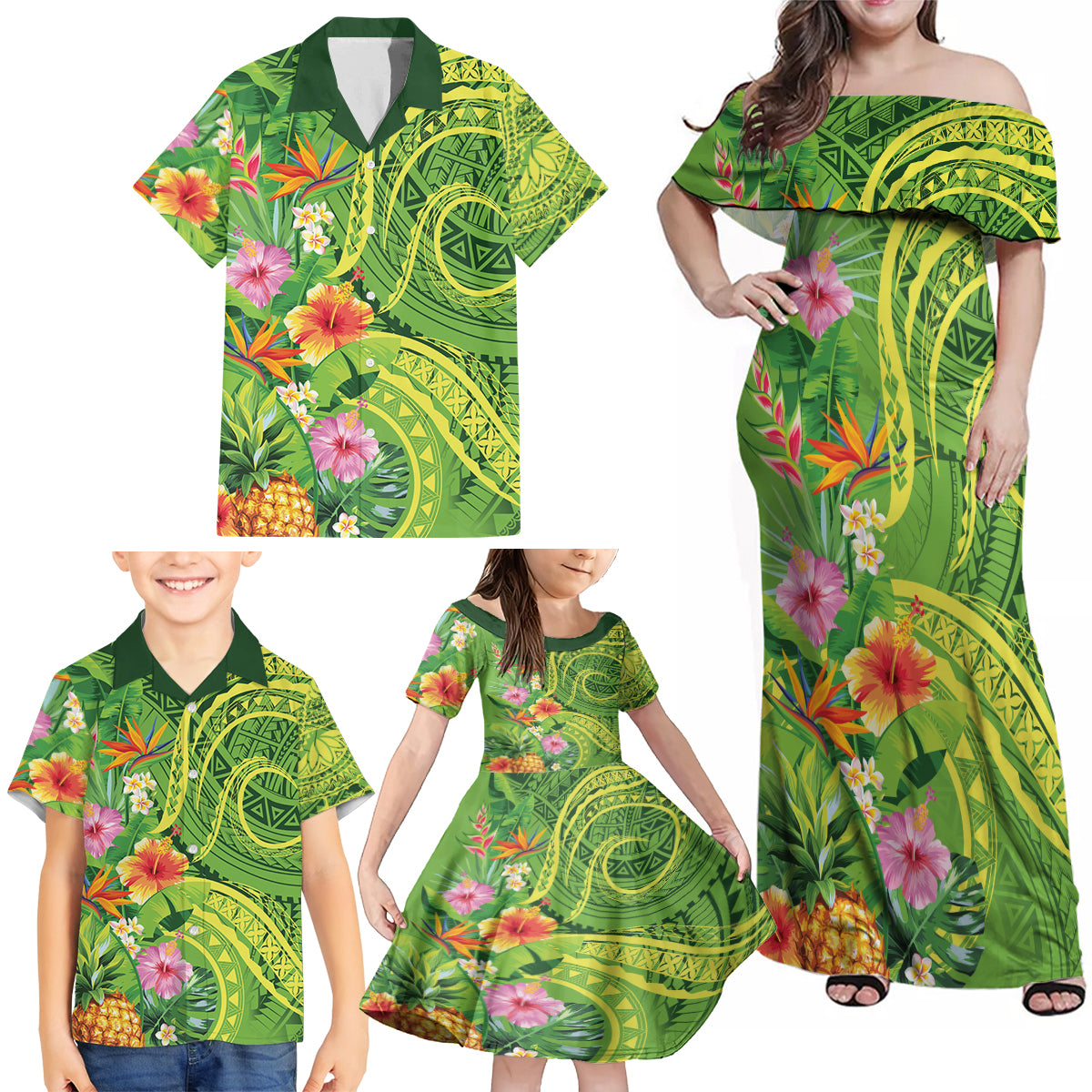 Polynesian Tribal Flower Tattoo Family Matching Off Shoulder Maxi Dress and Hawaiian Shirt Special Lime Green Vibe LT9 - Polynesian Pride