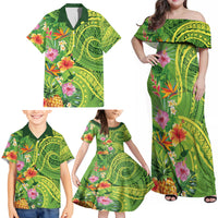 Polynesian Tribal Flower Tattoo Family Matching Off Shoulder Maxi Dress and Hawaiian Shirt Special Lime Green Vibe LT9 - Polynesian Pride