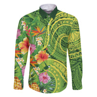 Polynesian Tribal Flower Tattoo Family Matching Off Shoulder Maxi Dress and Hawaiian Shirt Special Lime Green Vibe LT9 Dad's Shirt - Long Sleeve Lime Green - Polynesian Pride