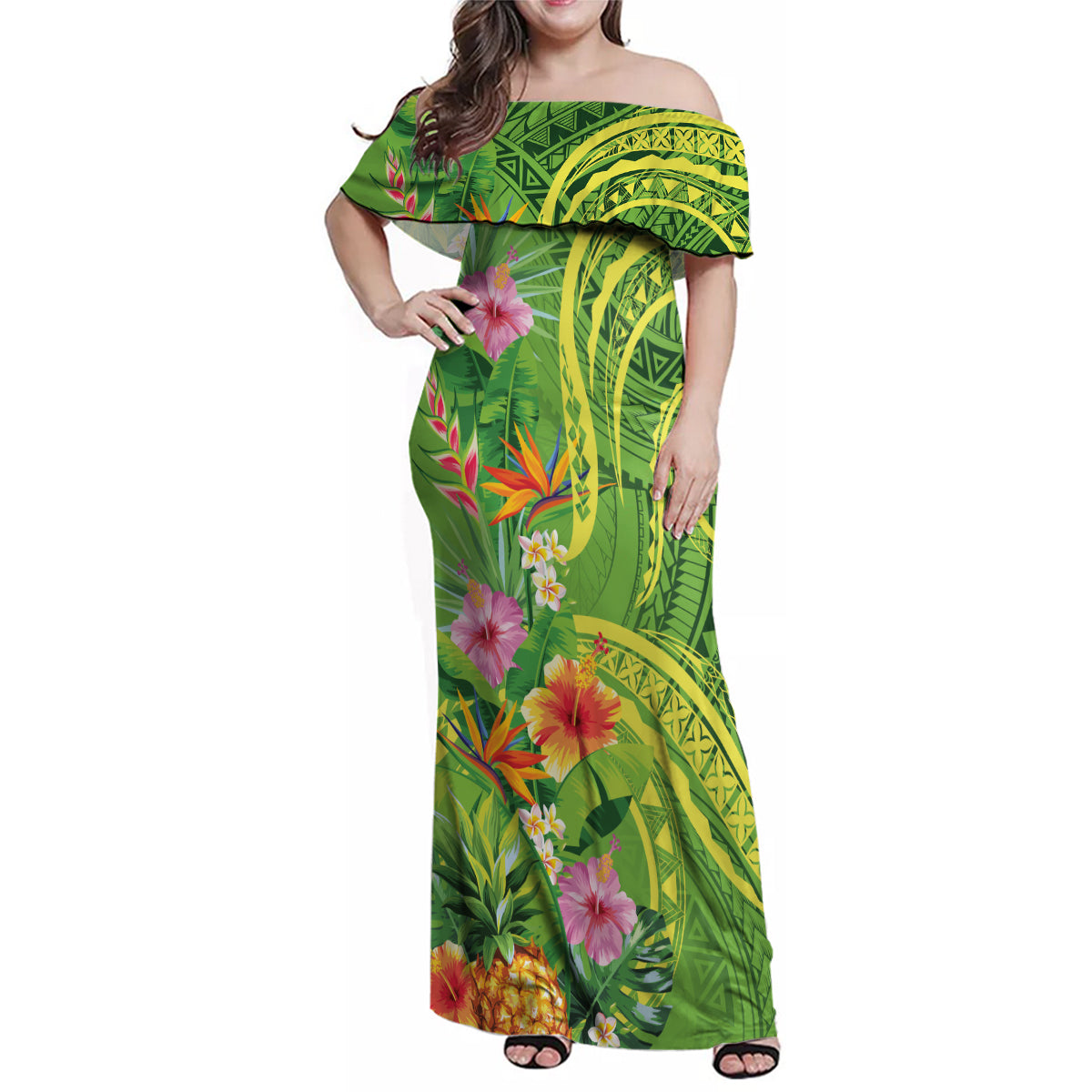 Polynesian Tribal Flower Tattoo Family Matching Off Shoulder Maxi Dress and Hawaiian Shirt Special Lime Green Vibe LT9 Mom's Dress Lime Green - Polynesian Pride