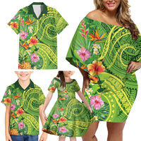 Polynesian Tribal Flower Tattoo Family Matching Off Shoulder Short Dress and Hawaiian Shirt Special Lime Green Vibe LT9 - Polynesian Pride