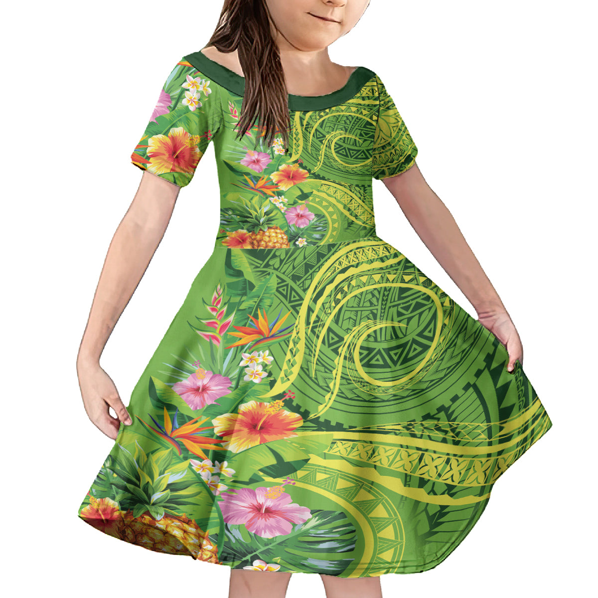 Polynesian Tribal Flower Tattoo Family Matching Puletasi and Hawaiian Shirt Special Lime Green Vibe LT9 Daughter's Dress Lime Green - Polynesian Pride