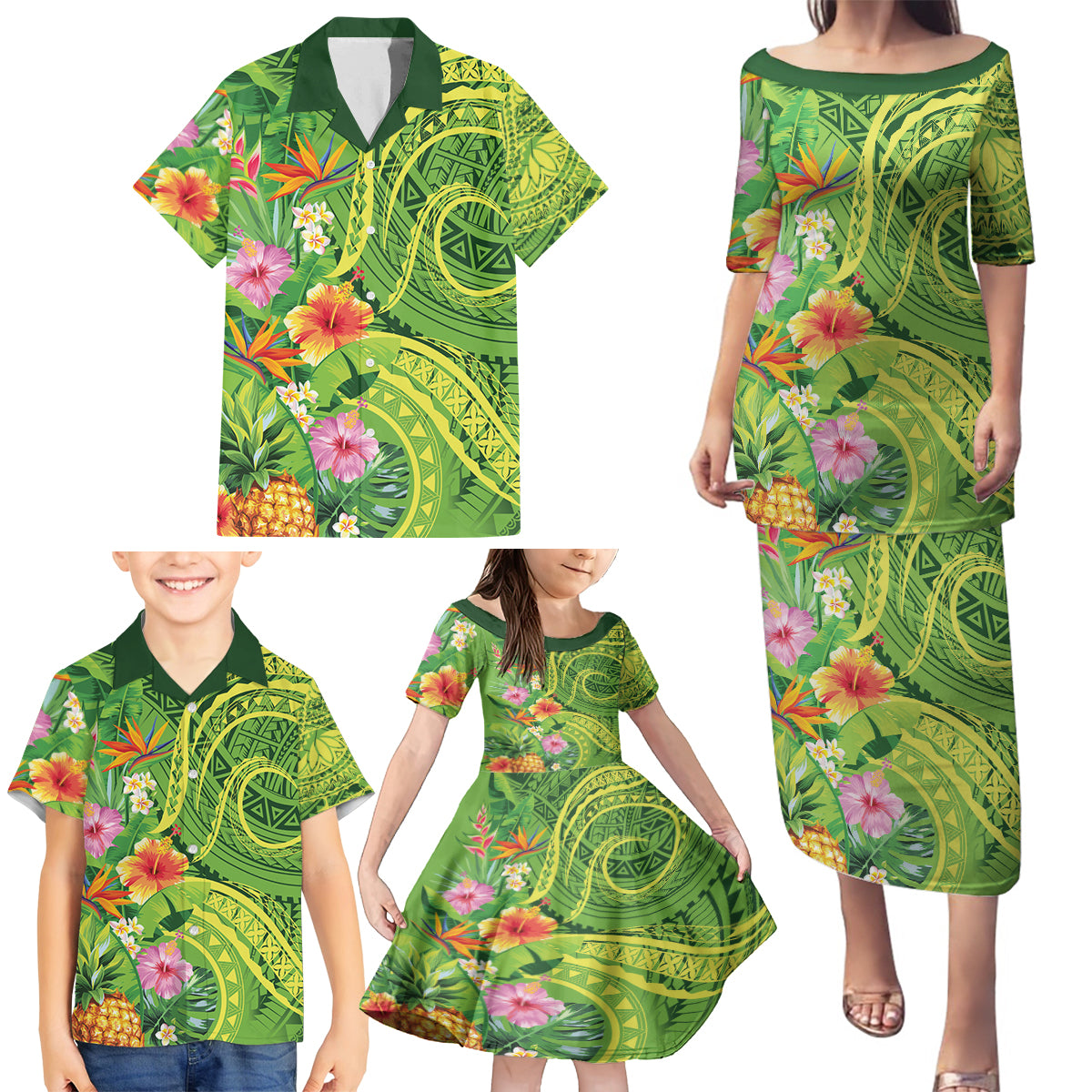 Polynesian Tribal Flower Tattoo Family Matching Puletasi and Hawaiian Shirt Special Lime Green Vibe LT9 - Polynesian Pride