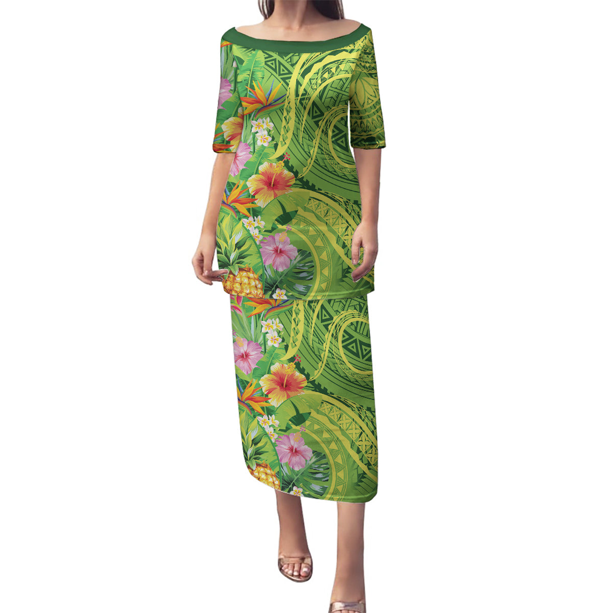 Polynesian Tribal Flower Tattoo Family Matching Puletasi and Hawaiian Shirt Special Lime Green Vibe LT9 Mom's Dress Lime Green - Polynesian Pride