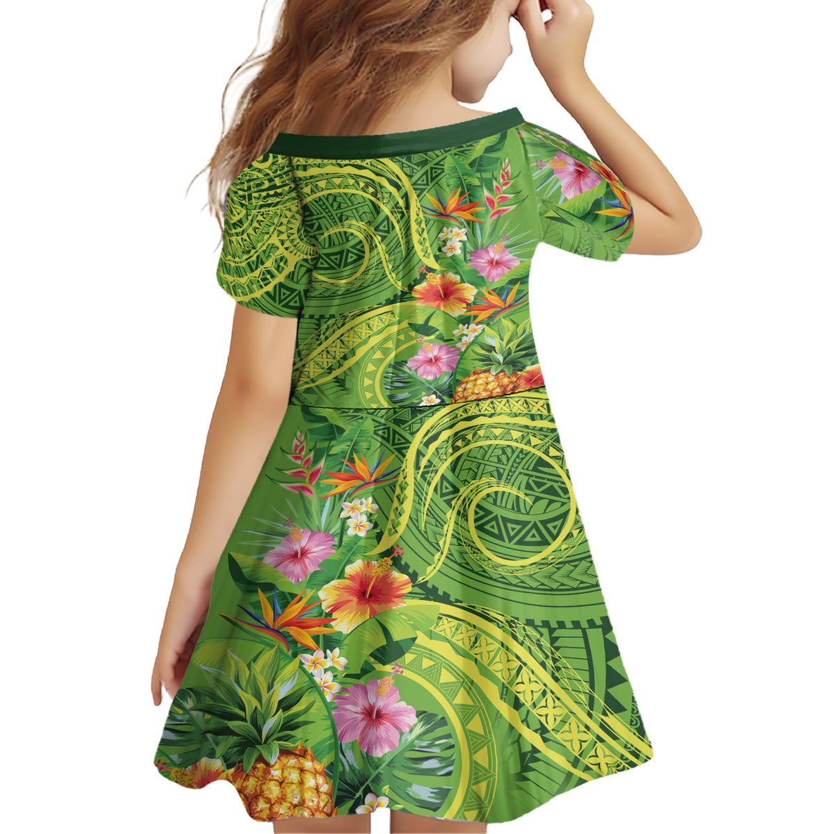 Polynesian Tribal Flower Tattoo Family Matching Short Sleeve Bodycon Dress and Hawaiian Shirt Special Lime Green Vibe LT9 - Polynesian Pride