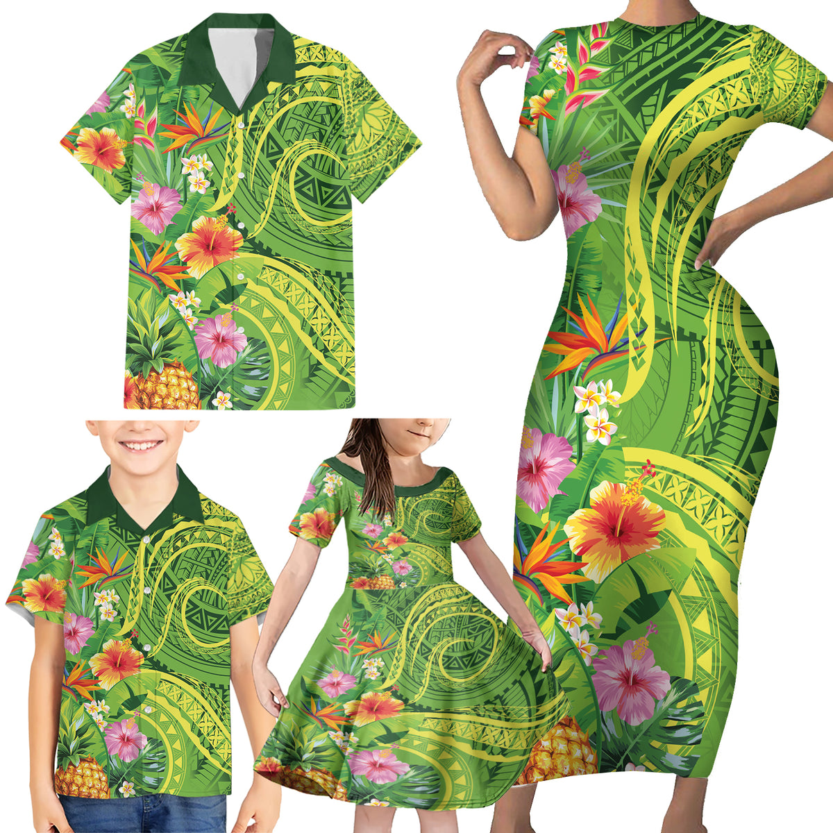 Polynesian Tribal Flower Tattoo Family Matching Short Sleeve Bodycon Dress and Hawaiian Shirt Special Lime Green Vibe LT9 - Polynesian Pride