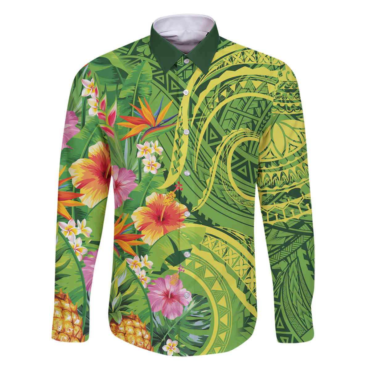 Polynesian Tribal Flower Tattoo Family Matching Short Sleeve Bodycon Dress and Hawaiian Shirt Special Lime Green Vibe LT9 Dad's Shirt - Long Sleeve Lime Green - Polynesian Pride