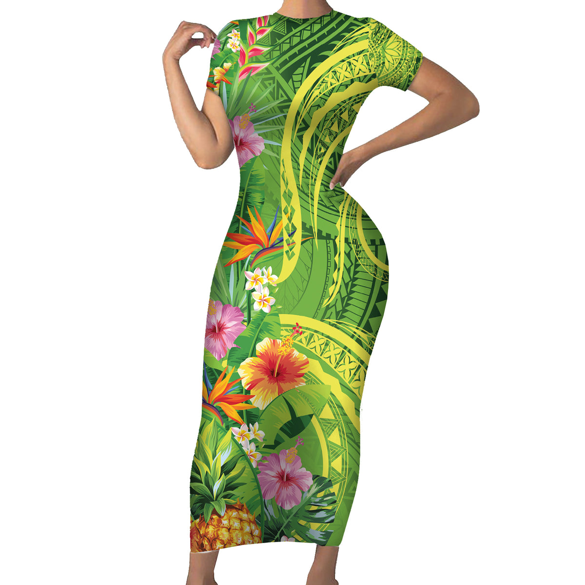 Polynesian Tribal Flower Tattoo Family Matching Short Sleeve Bodycon Dress and Hawaiian Shirt Special Lime Green Vibe LT9 Mom's Dress Lime Green - Polynesian Pride