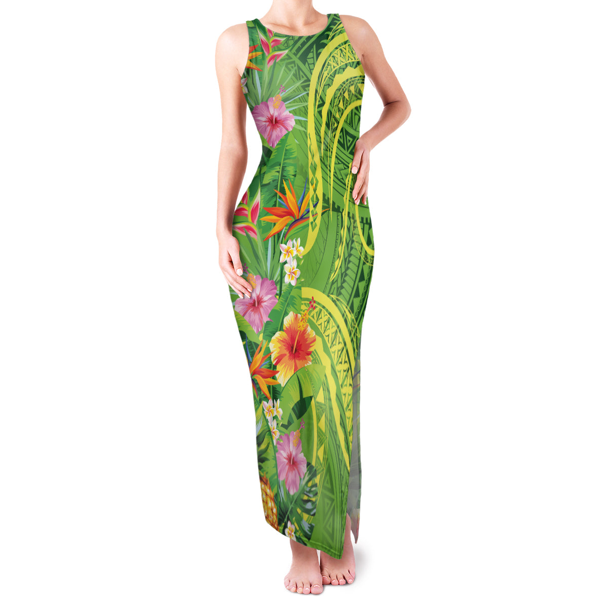 Polynesian Tribal Flower Tattoo Family Matching Tank Maxi Dress and Hawaiian Shirt Special Lime Green Vibe LT9 Mom's Dress Lime Green - Polynesian Pride