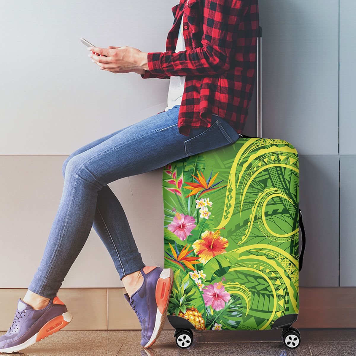 Polynesian Tribal Flower Tattoo Luggage Cover Special Lime Green Vibe LT9 - Polynesian Pride