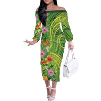 Polynesian Tribal Flower Tattoo Off The Shoulder Long Sleeve Dress Special Lime Green Vibe LT9 Women Lime Green - Polynesian Pride