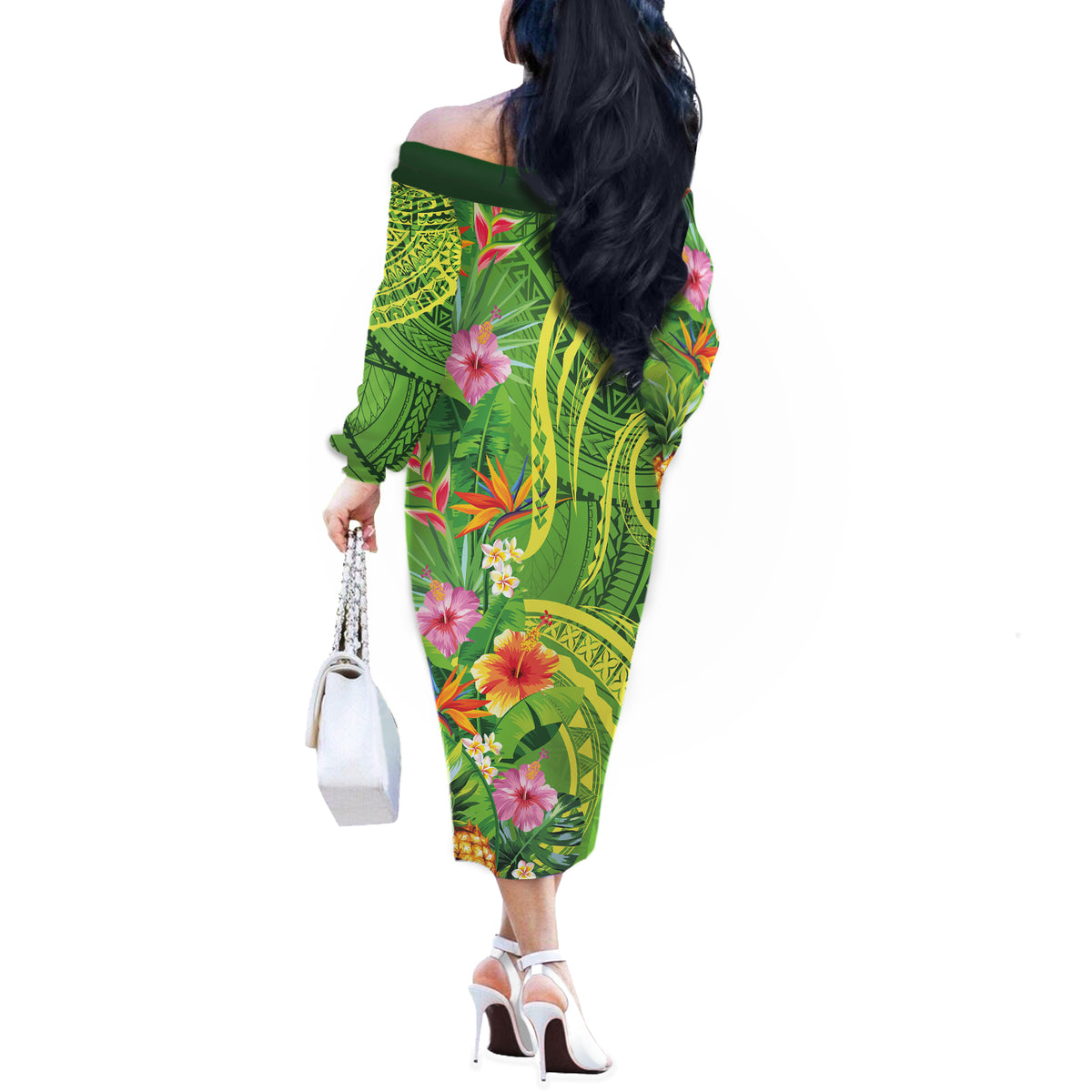 Polynesian Tribal Flower Tattoo Off The Shoulder Long Sleeve Dress Special Lime Green Vibe LT9 - Polynesian Pride