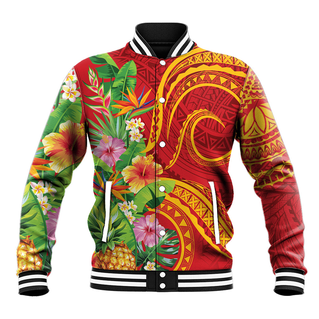 Polynesian Tribal Flower Tattoo Baseball Jacket Special Vermilion Vibe LT9 Unisex Brownish-red - Polynesian Pride
