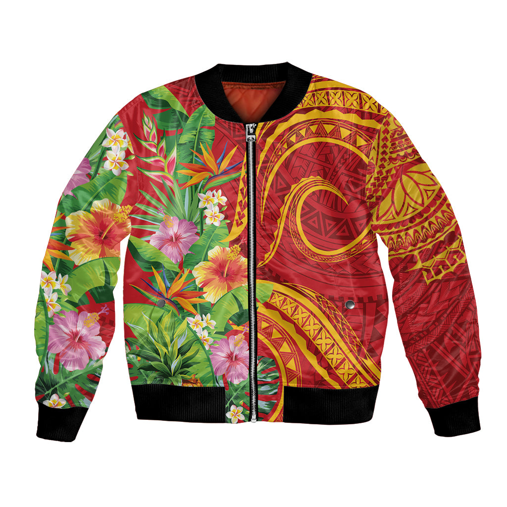 Polynesian Tribal Flower Tattoo Bomber Jacket Special Vermilion Vibe LT9 Unisex Brownish-red - Polynesian Pride