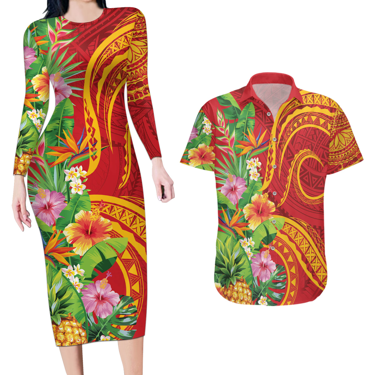 Polynesian Tribal Flower Tattoo Couples Matching Long Sleeve Bodycon Dress and Hawaiian Shirt Special Vermilion Vibe LT9 Brownish-red - Polynesian Pride
