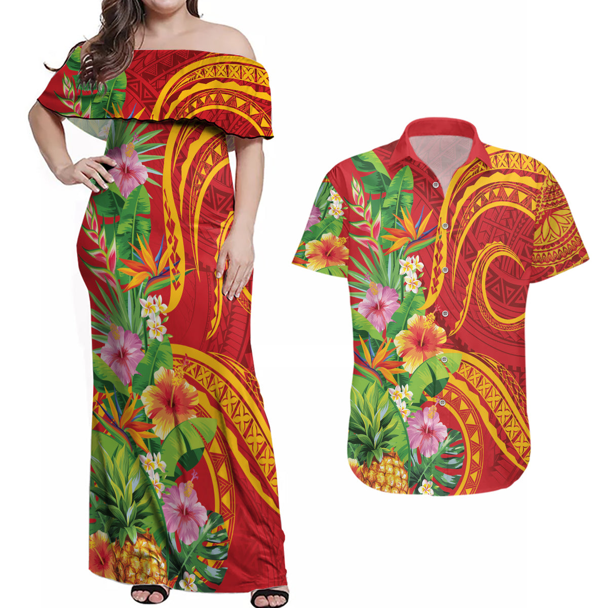 Polynesian Tribal Flower Tattoo Couples Matching Off Shoulder Maxi Dress and Hawaiian Shirt Special Vermilion Vibe LT9 Brownish-red - Polynesian Pride