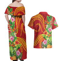Polynesian Tribal Flower Tattoo Couples Matching Off Shoulder Maxi Dress and Hawaiian Shirt Special Vermilion Vibe LT9 - Polynesian Pride