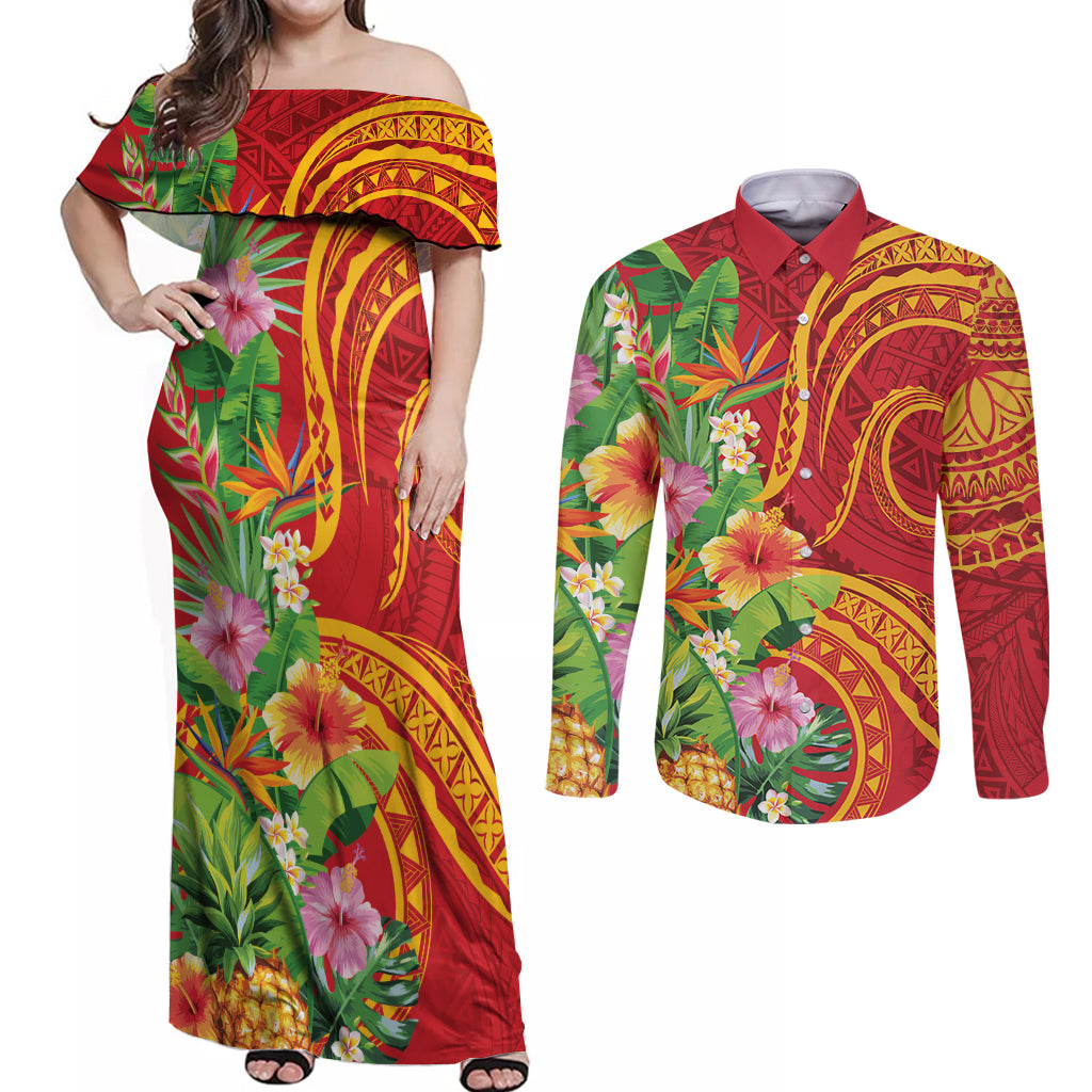 Polynesian Tribal Flower Tattoo Couples Matching Off Shoulder Maxi Dress and Long Sleeve Button Shirt Special Vermilion Vibe LT9 Brownish-red - Polynesian Pride