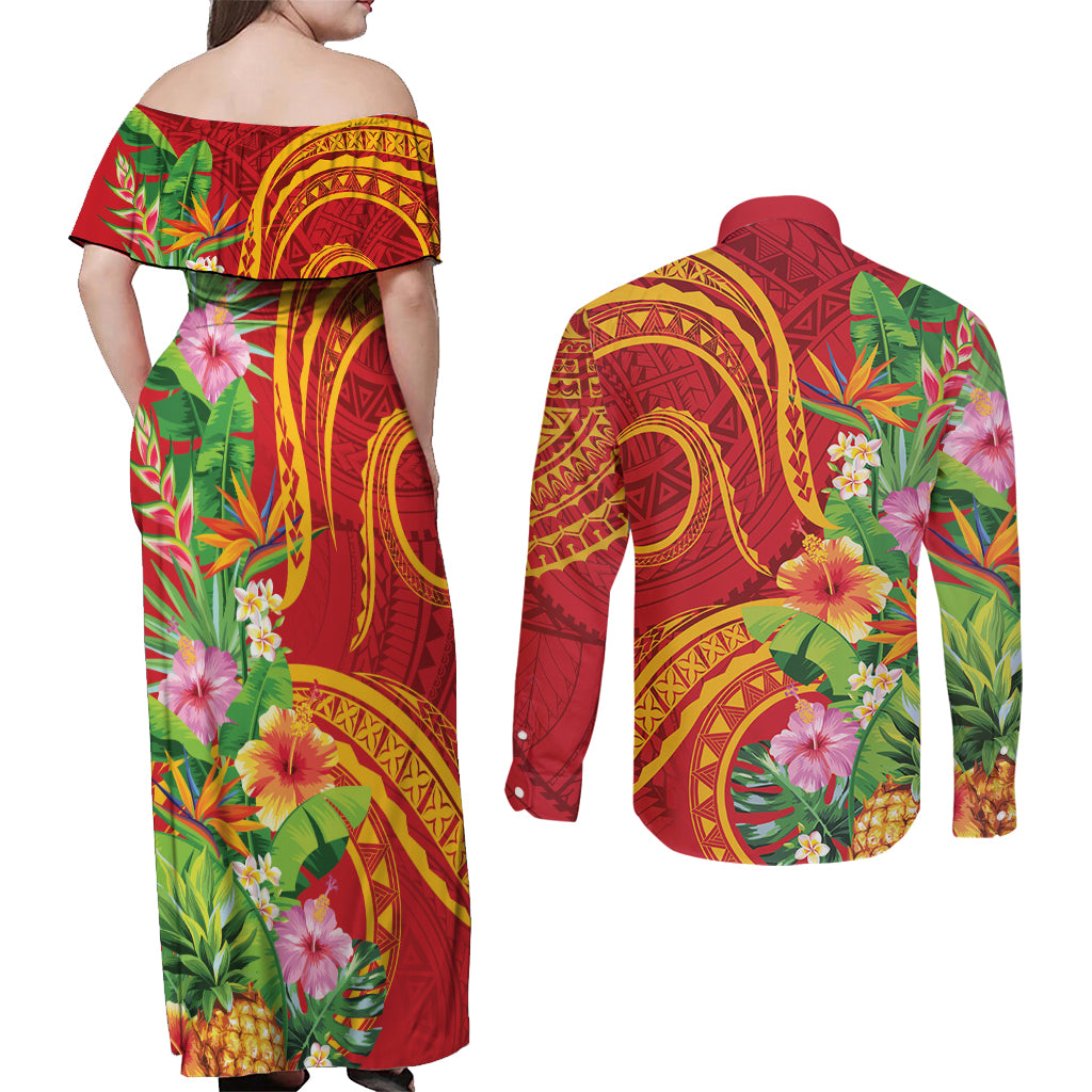 Polynesian Tribal Flower Tattoo Couples Matching Off Shoulder Maxi Dress and Long Sleeve Button Shirt Special Vermilion Vibe LT9 - Polynesian Pride