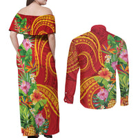 Polynesian Tribal Flower Tattoo Couples Matching Off Shoulder Maxi Dress and Long Sleeve Button Shirt Special Vermilion Vibe LT9 - Polynesian Pride