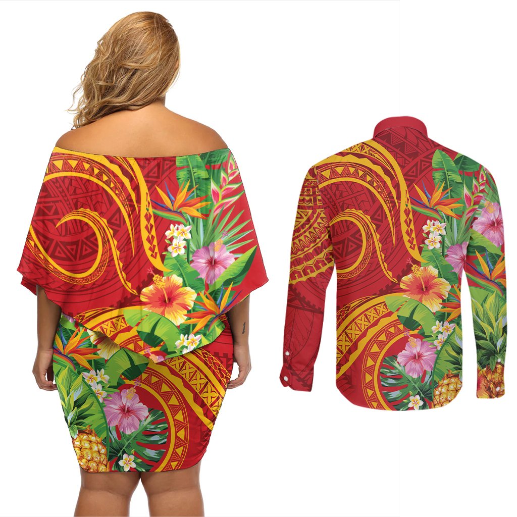 Polynesian Tribal Flower Tattoo Couples Matching Off Shoulder Short Dress and Long Sleeve Button Shirt Special Vermilion Vibe LT9 - Polynesian Pride