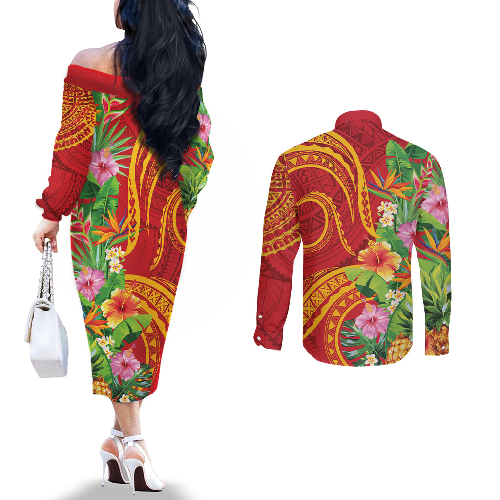 Polynesian Tribal Flower Tattoo Couples Matching Off The Shoulder Long Sleeve Dress and Long Sleeve Button Shirt Special Vermilion Vibe LT9 - Polynesian Pride