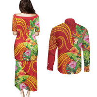 Polynesian Tribal Flower Tattoo Couples Matching Puletasi and Long Sleeve Button Shirt Special Vermilion Vibe LT9 - Polynesian Pride